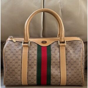 Certified Authentic Vintage Gucci Boston Web Tan Micro GG Canvas Leather Bag